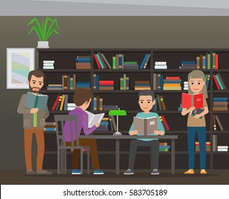 People reading textbooks in library. Men and women seating and standing with open books in interior with bookshelves flat vector. Enthusiastic readers illustration for educational and hobby concepts