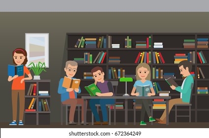 People reading textbooks in library. Men and women seating and standing with open books in interior with bookshelves flat vector. Enthusiastic readers illustration for educational and hobby concepts