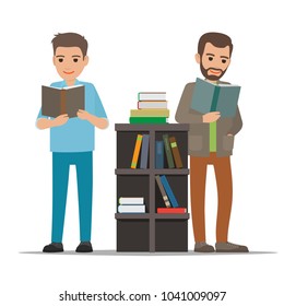 People reading textbooks in library. Two men standing near bookshelf with open book in hand flat vector isolated on white background. Enthusiastic reader illustration for educational and hobby concept