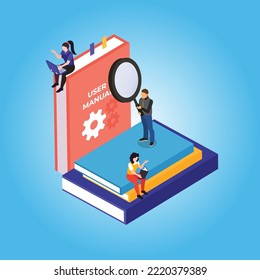 People reading user manual, guidebook or guidance isometric 3d vector illustration concept for banner, website, illustration, landing page, flyer, etc.