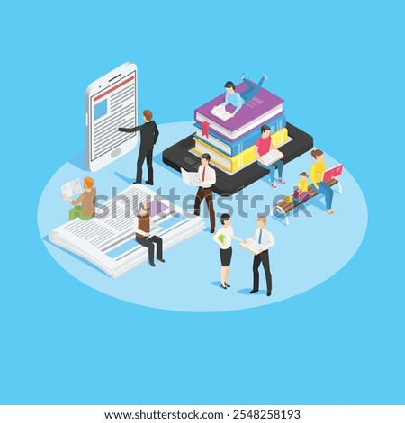 People are reading various media including printed books, newspapers, electronic books and smartphones, enjoying their reading time in different postures, in isometric view