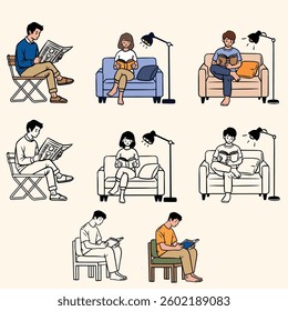 People Reading in Various Poses – Minimalist Line Art