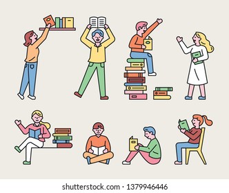 People reading in various poses. simple character source. flat design style minimal vector illustration