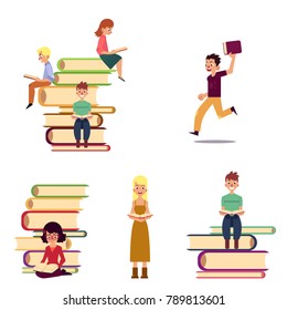 People reading while sitting on giant books, flat cartoon vector illustration isolated on white background. Set of reading people and giant books, reading, library, bookstore concept