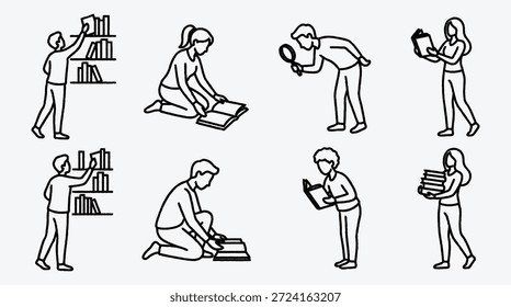 Personas para leer y trabajar con libros en diversas posiciones y acciones