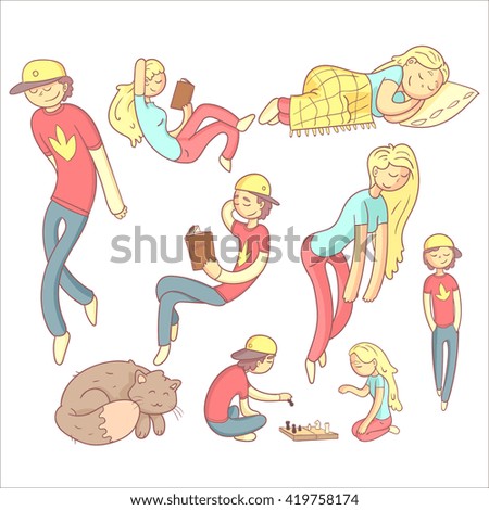 People Realxing Illustration Set Of Flat Outlined Pale Color Funny Drawings Isolated On White Background