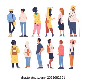 People rear view. Man and woman persons turned back, behind standing human character, posterior female or backside male worker person in style clothes, classy vector illustration of female and male