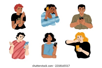 People receive bad news from mobile phone. Diverse sad, confused, anxiety and scared characters looking at smartphone in shock isolated on white background, vector hand drawn illustration