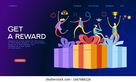 People receive a gift box. Web banner for landing page. Refer a friend. Online reward concept. Digital referral program. Template, homepage, poster, ui, coupon, flyer. 3d isometric vector illustration.