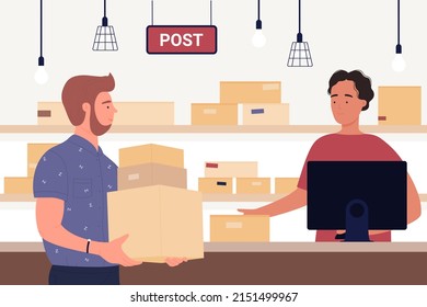 People receive or send parcels at post office vector illustration. Cartoon male customer holding boxes with order from online store, clerk standing at reception desk background. Postal service concept