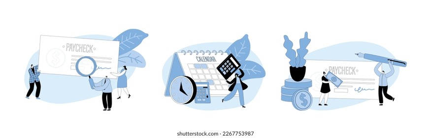 Gente Recibe y Firma de Paycheck. Pequeños personajes femeninos masculinos con una enorme pluma precoz, vidrio de aumento y cheque. Renta Libre de Impuestos, Presupuesto de Nómina, Concepto de Pago de Depósitos. Ilustración del vector de dibujos animados