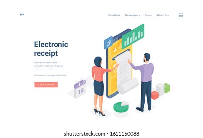 People receiving electronic receipt after transaction isometric vector illustration. Woman helping man to receive electronic receipt after online money transaction on smartphone on website banner