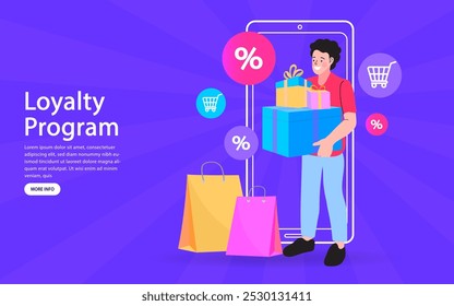 People receiving a gift box from smartphone. Digital referral and reward program. Online store or shop loyalty program and bonus. Online reward. Winner of the competition. Winner won money online.