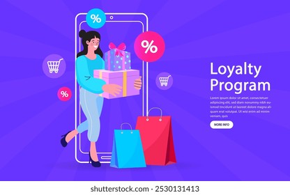 People receiving a gift box from smartphone. Digital referral and reward program. Online store or shop loyalty program and bonus. Online reward. Winner of the competition. Winner won money online.
