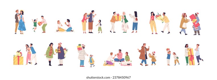 People receiving gifts. Presents gifting, happy person giving gift birthday or christmas, romantic couple surprise woman receive flower, man give present classy vector illustration of present gift