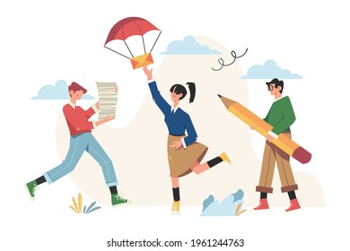 People receiving letters, sorting, web mail or mobile service layout for website header