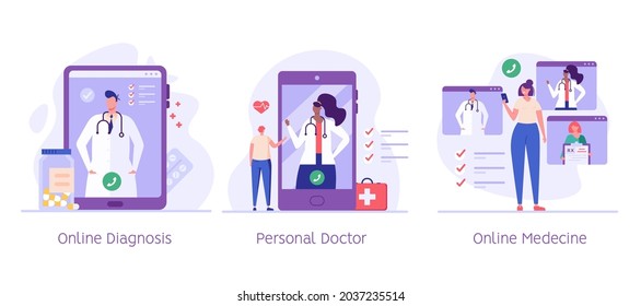 People Receiving Online Health Advice. Concept Of Online Medicine, Online Diagnosis, Personal Doctor, Health Care, Healthy Life, Convenience, Ease Of Use. Vector Illustration In Flat Design