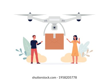 People receiving package box from delivery drone - futuristic quadcopter delivering cardboard parcel to cartoon couple. Flat isolated vector illustration on white background.