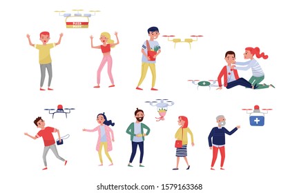 People Receiving Parcels and Packages By Air Vector Illustrations Set