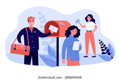 People receiving and reading marketing newsletter. Postman placing envelope into mailbox. Vector illustration for mail service, advertising, post, communication concepts