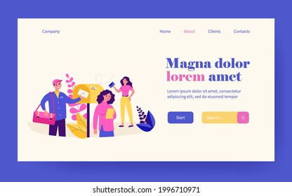 People receiving and reading marketing newsletter. Postman placing envelope into mailbox. Vector illustration for mail service, advertising, post, communication concepts