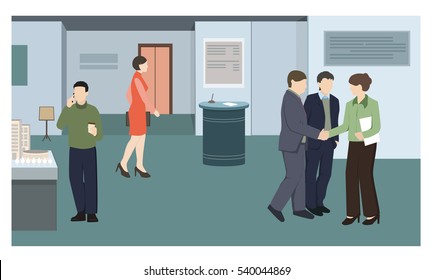 People at the reception flat style vector illustration. Meeting. Handshake. Business situation in office. Work time. Office reception. Communication. Talking. Meeting.