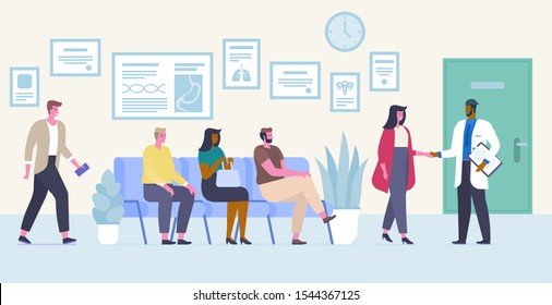 People in reception room flat vector illustration. People in queue waiting for doctors appointment. Therapist speaking with patient in clinic hall cartoon characters. Medicine and healthcare concept