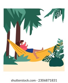 People reclining in shoreline hammocks, basking in the joy of summertime escapes and open-air events. Relishing leisure moments or staying productive in comfortable hanging swings. Vector.