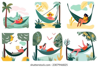 People reclining in shoreline hammocks, basking in the joy of summertime escapes and open-air events. Relishing leisure moments or staying productive in comfortable hanging swings. Vector.