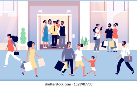 People recognition in crowd. Guys are recognized by modern face identification software, cctv camera in hall elevator. Vector concept