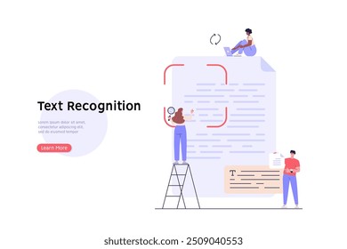 Las Personas reconocen el texto del documento con el teléfono y la IA. Usuario escaneando archivo de texto. Concepto de reconocimiento de archivos de texto, OCR, reconocimiento óptico de caracteres. Ilustración vectorial en diseño plano para Anuncio de Web