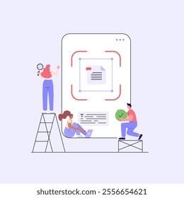 People recognize text of document with phone and ai. User scanning text file. Concept of text file recognition, OCR, optical character recognition. Vector illustration in flat design for web banner