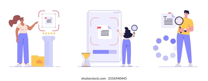 People recognize text of document with phone and ai. User scanning text file. Concept of text file recognition, OCR, optical character recognition. Vector illustration set in flat design