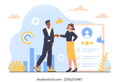 People with recommendation concept. Man and woman shake hands against background of contract and document, agreement. Talented worker and employee. Cartoon flat vector illustration