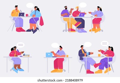 People record audio podcast in studio, take interview for radio broadcast. Vector flat illustration of characters in headphones with microphones talk in online stream