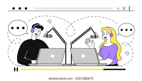 People record interview. Man and woman with laptops and microphones. Recording podcasts and broadcasts. Streamer and journalist. Linear vector illustration isolated on white background