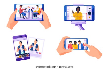People record movie using smartphone. Set of four scenes, working with modern digital technologies. Characters looking at phone screen and watching video. Using a gadget for photo shooting and editing
