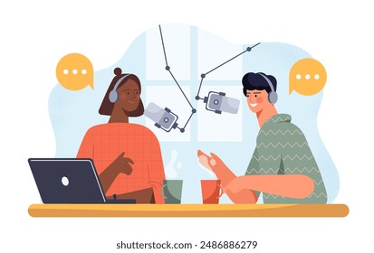 People record podcast concept. Man and woman sits with laptop and microphone and records interesting content, audio files. Radio presenter at work. Live stream. Flat vector illustration