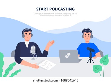 People record a podcast in the studio. A young man in headphones interviewing the invited guest. Podcasting on the internet, online radio. Flat vector illustration for banner, cover, ad.