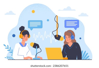 People record podcast. Two women sitting with laprops near microphones. Radio hosts with equipment. Young girls create interesting content and audio files. Cartoon flat vector illustration