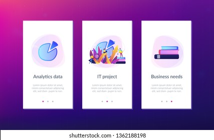 Pessoas que registram dados analíticos do projeto de TI identificando necessidades de negócios e determinando soluções para problemas de negócios. Conceito de TI de análise de negócios. Modelo de interface de aplicativo UX de interface de usuário móvel.