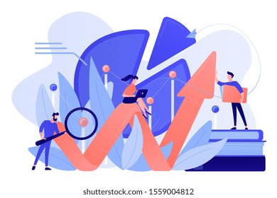 People recording analytics data of the IT project identifying business needs and determining solutions to business problems. Business analysis IT concept. Pinkish coral blue palette. Vector