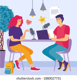 People recording audio podcast or online show vector flat illustration. Person radio host interviewing guest, mass media broadcasting isolated on white. Podcast concept. Interview, recording in studio