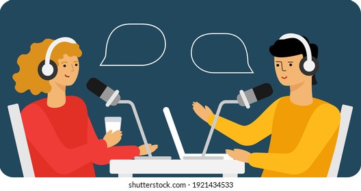 people recording audio podcast or online show vector flat illustration
