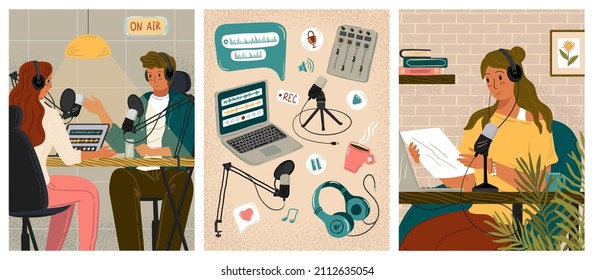 People recording audio podcast or online show in studio. Concept vector posters. Radio host interviewing guest. Female blogger records podcast. Live streaming, mic, sound recording icons, headphones