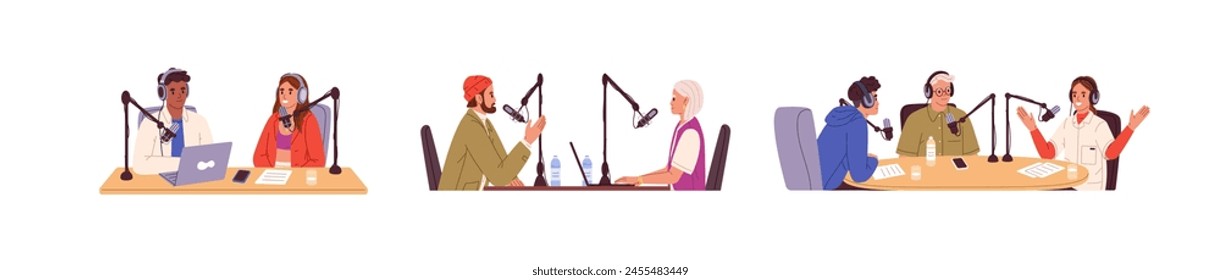 People recording audio podcast set. Men and women with microphones, headphones are on radio broadcasts. Characters are on talk show, interview. Flat isolated vector illustration on white background