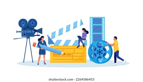 People Recording, Making Movies at Cinema. Shooting Crew Making Films. Movie Director with Megaphone, Clapperboard, Reel. Filming Production Staff, Film Industry. Cinematography Process, Entertainment