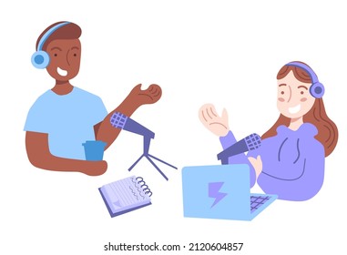 People recording a podcast. People creating content. Audio recording. A conversation between two people on a white background.