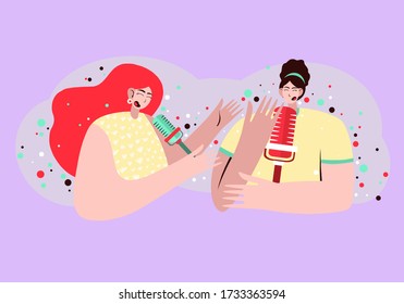 People recording podcast. Flat vector illustration. Radio host interviewing guests on radio station cartoon character. Young DJ.  Broadcasting. 