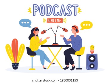 People recording podcast, interview or online show. Man and woman talking to the microphone in studio. Hand drawn, cartoon style vector illustration isolated on white. 